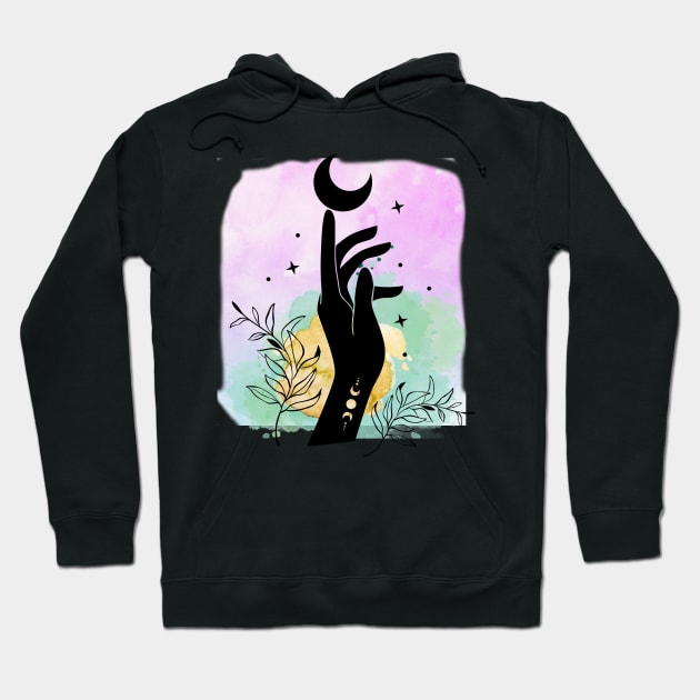 Goddess Hand and moon with watercolor background Hoodie by artofstacy